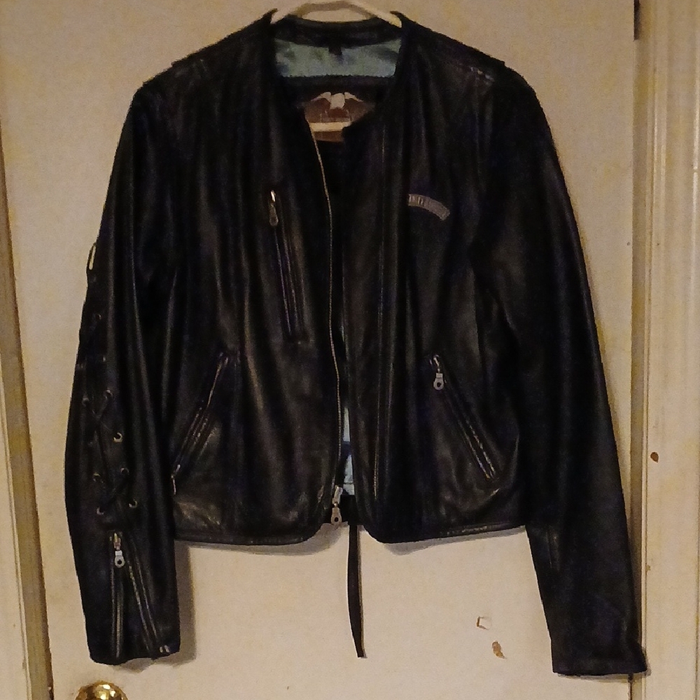 Harley-Davidson Black Leather Biker Jacket with Lace-Up Sleeve Detail